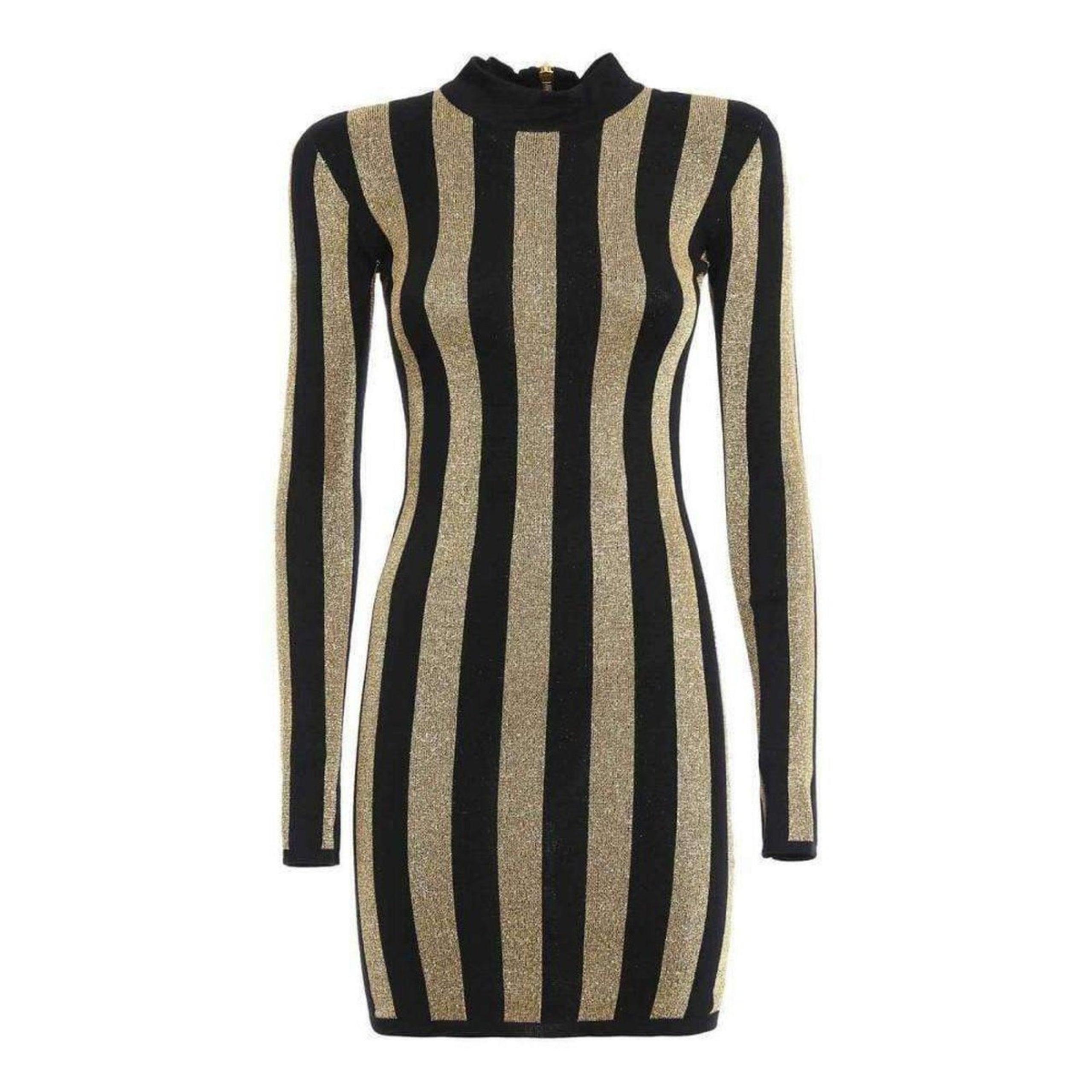 Balmain  Lurex Gold Black Striped Pattern Mini Dress  Fr 40